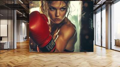 Woman boxing attractively with gloves on Wall mural