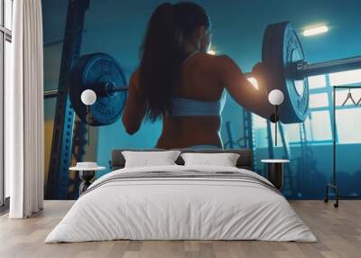 Woman lifting barbell in gym Wall mural