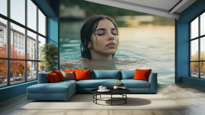 Woman swims in a lake for swimming lessons Wall mural