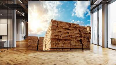 Wooden planks piled in the sky at lumber warehouse for construction Wall mural