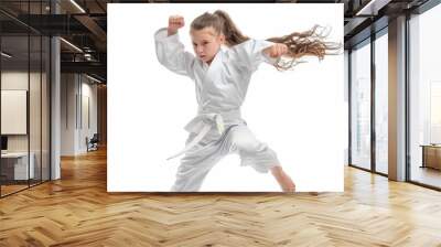 Young taekwondo athlete practicing high kick in white background Healthy lifestyle and strength portrayed Wall mural