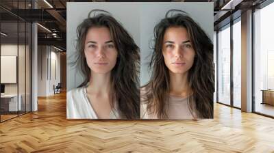 Young woman before and after using coconut oil for hair on grey background Wall mural