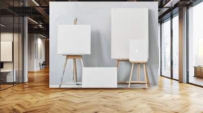 White canvas, posters mockup on the wall and floor, wall art mockup	 Wall mural