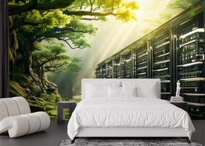  cloud technology or data center storage system with green renewable energy.clean electric power.smart ecosystem background. innovation nature networks.science microbiology research Wall mural