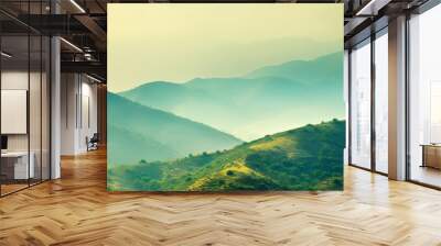 Abstract landscape of rain forest or evergreen forest with mountain layer in mist.beautiful nature background. ecology and environment.generative ai art Wall mural