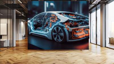 EV electric car system or futuristic automotive technology with connecting power control.super computer in modern machine.artificial intelligence development. Wall mural