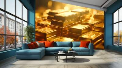 Gold bar stack with investment concepts.safety or security of wealth.financial economy and strategy.investor asset.generative ai technology Wall mural