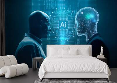 Machine learning connecting and ai artificial intelligence.Chat bot software network.big data and transfer protocol system.Neuralink with smart brain.ai generative art Wall mural