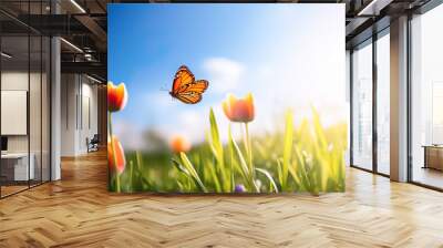 Selective focus.fantasy multicolor tulip flower blooming and butterfly flying in garden with landscape meadow mountain view.nature spring background.generative ai art Wall mural