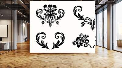 
Boho floral scroll design element clipart. Isolated decorative hand drawn flower heart flourish icon. Monochrome black and white tattoo style line art. Collection Set Wall mural