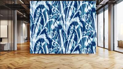 Cyanotypes blue white botanical linen texture. Faux photographic floral sun print effect for trendy out of focus fashion swatch. Mono print flower in 2 tone color. High resolution repeat tile.  Wall mural