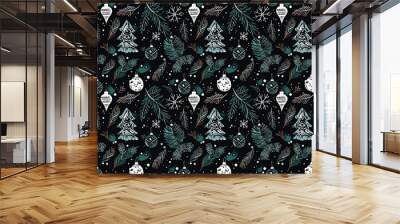 Elegant winter christmas greenery seamless border pattern with snow template element design. Festive rustic textile foliage pattern with tree, snowflakes texture banner ribbon trim background. Wall mural