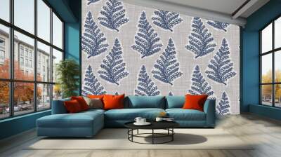 French blue botanical leaf linen seamless pattern with 2 tone country cottage style motif. Simple vintage rustic fabric textile effect. Primitive modern shabby chic kitchen cloth design. Wall mural