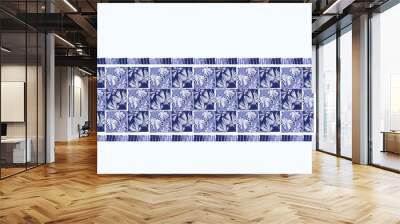 Indigo blue Japanese block print effect bordur. Seamless hand made vector design for fabric batik ribbon and faded fashion repeat banner.  Wall mural