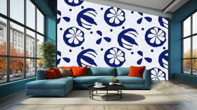 Indigo denim blue leaf motif seamless border. Japanese dye batik fabric style effect print banner swatch.  Wall mural