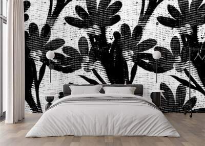 Seamless floral black white woven herringbone style texture. Two tone 50s monochrome pattern. Modern textile weave effect. Masculine broken line repeat jpg print.  Wall mural