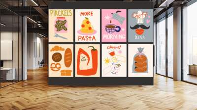 Abstract food posters for the kitchen. Culinary compositions in cartoon trendy style of Matisse. Decor for kitchens, cafes and restaurants. Minimalist banners for wall decor, prints, wallpaper. Wall mural