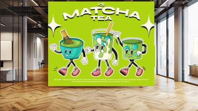 Cartoon characters matcha drink in retro style , doodle funny colorful characters, matcha green tea, matcha whisk, cold drink with ice. Vector illustration with typography elements Wall mural