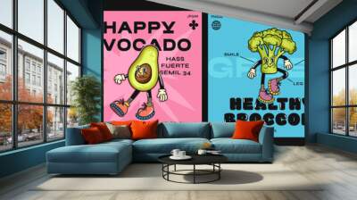 Cartoon characters of vegetables in retro poster style, funny colorful characters in doodle style, avocado, garlic, broccoli, bell pepper. Vector illustration with typography elements Wall mural