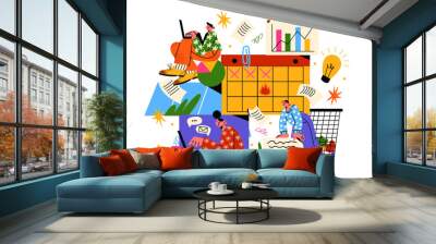 Cartoon characters office workers, financial data, analytics. Geometric shapes, online worker concept with laptop in doodle style. Business team, business activity people Wall mural