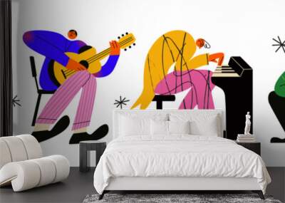 Cartoon retro musical characters in the style of the 90s. people play musical instruments. Wall mural