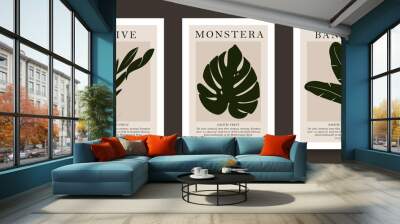 Collection of aesthetic posters with tropical leaves in a minimalist style. design for print, cover, wallpaper, minimalistic and natural wall art. Wall mural