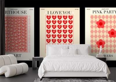 Collection of modern beautiful poster with hearts and flowers. Posters in different colors for your projects and presentations, prints on t-shirts and hoodies Wall mural