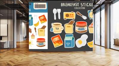 Collection of stickers on the theme of breakfast. various fruits, berries, cheese, milk, scrambled eggs, banana, alarm clock, corn flakes, radio, sandwich and other bright elements on an isolated Wall mural