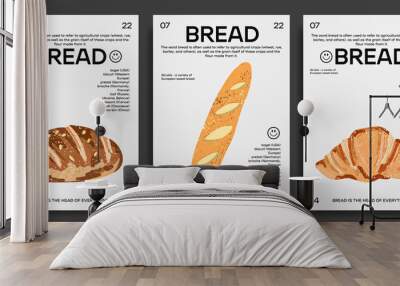 Collection of trendy posters with bread products and fresh pastries on an isolated background.Baguette, croissant, bun. for printing, wall decor. abstract design, typography Wall mural