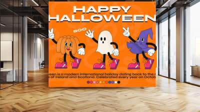 Funny cartoon halloween characters. fashion poster. Vector illustration of a ghost, pumpkin and witch hat 90s style. Set of comic elements in trendy retro cartoon style. Wall mural