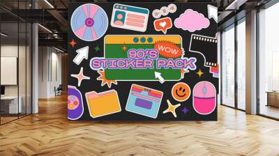 Hippie retro stickers, 90s game style and web frames. Funny cartoon joystick, dvd disk, film, old computer, vintage set of vector elements in groove style. Wall mural