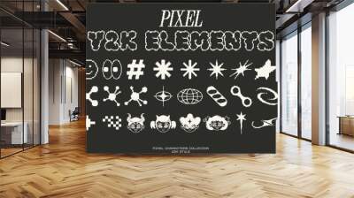 Retro futuristic elements for design. Big collection of abstract graphic pixel geometric symbols and objects in y2k style. Templates for notes, posters, banners, stickers, business cards, logo Wall mural