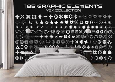 Retro futuristic elements for design. Collection of abstract graphic geometric symbols and objects in y2k style. Templates for pomters, banners, stickers, business cards Wall mural