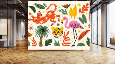 Stickers exotic tropical leaves, tigers, leopards and wild animals, birds, jungle plants, palm trees, monstera leaves and flowers. Set of vector jungle stickers in cartoon retro style Wall mural