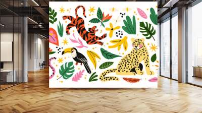 Stickers exotic tropical leaves, tigers, leopards and wild animals, birds, jungle plants, palm trees, monstera leaves and flowers. Set of vector jungle stickers in cartoon retro style Wall mural