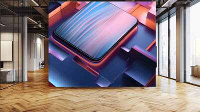 3D rendering of mobile phone with financial graph and technology background, abstract concept of sci-fi block triangle, network encryption security background Wall mural