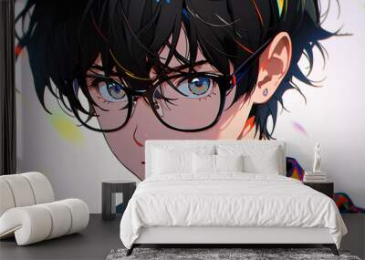 Beautiful cartoon boy anime avatar, young man portrait illustration Wall mural