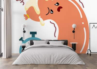 Cartoon style premature ejaculation sausage with sad facial emotion.Cute comic doodle male gender sex problem. Impotence flaccid soft penis. Infertility, pill for potency. Sexual. Erectile dysfunction Wall mural