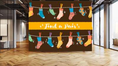 Find a matching pair socks. Hand drawn style match sock pair children preschool game. cartoon doodle style Puzzle find pair. Preschool children educational worksheet activity. Socks on laundry rope.  Wall mural