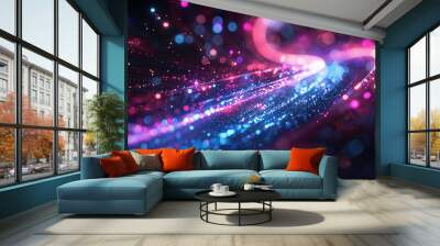 Flowing curves and particles 3D rendering, abstract blue modern background Wall mural