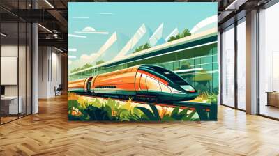 Illustration of taking the high-speed train home during Spring Festival, illustration of modern transportation railway train scene Wall mural