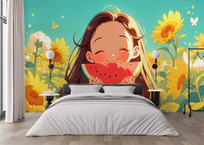 Illustrations of characters during the Beginning of Summer solar term, illustrations of girls eating watermelon to cool down during summer travel Wall mural