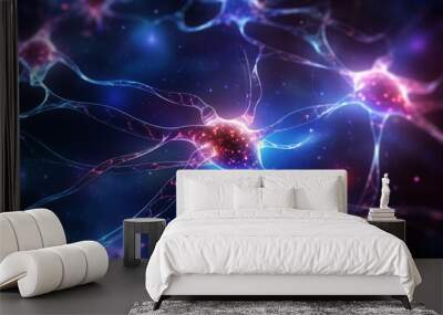 Neuron cells nervous system closeup, abstract blue glitter neuron cells in brain artistic background Wall mural