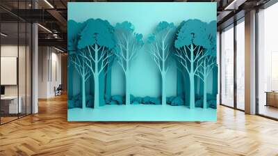 Paper-cut style trees and forest scene illustrations, green natural landscape solar terms illustrations Wall mural