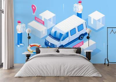 People are moving goods, cars are leaving with cargo, transportation, vector isometric illustration Wall mural