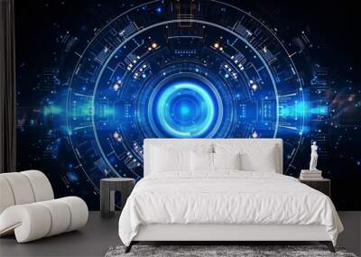 Round blue neon technology high tech dark background, abstract graphic digital futuristic concept design Wall mural