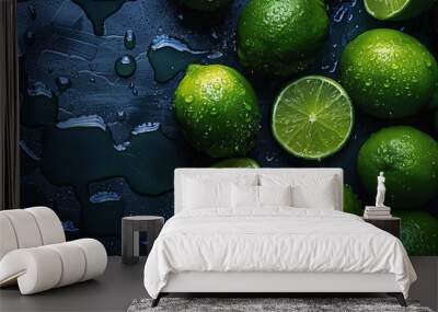 Seedless lemon lime, cut green lemon on black background Wall mural