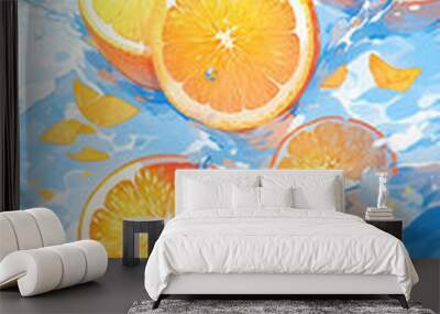 summer cool fruit, fresh orange lemon fruit illustration Wall mural