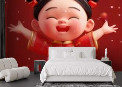 A cheerful animated girl in a red traditional outfit celebrating with festive decorations. Wall mural