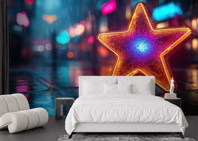 A glass star glowing under neon lights, creating a vibrant and colorful effect. Wall mural